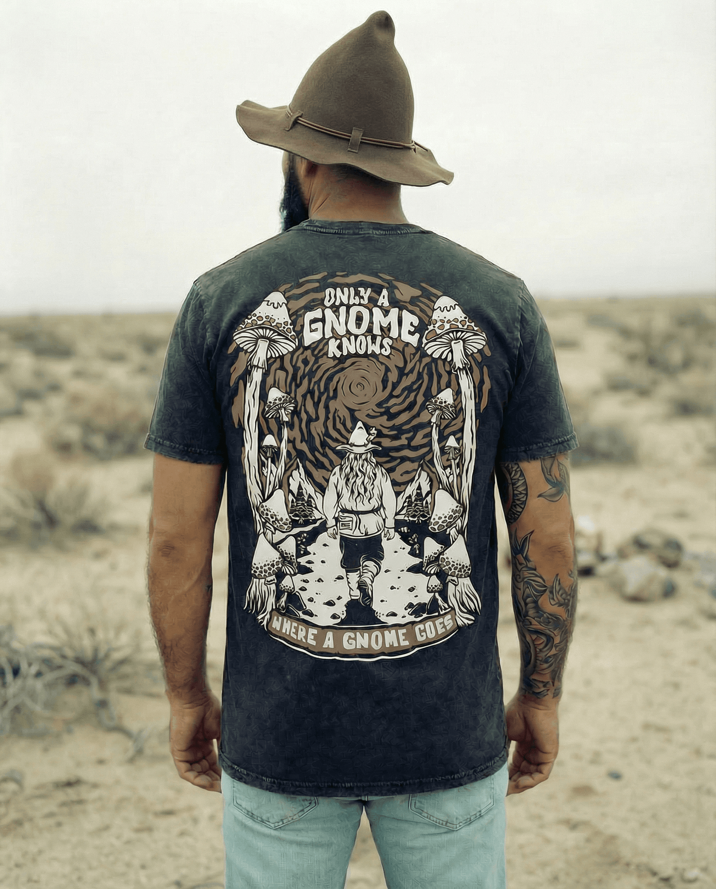 Gnome Knows Black Stone Wash T-Shirt (Red Ink)