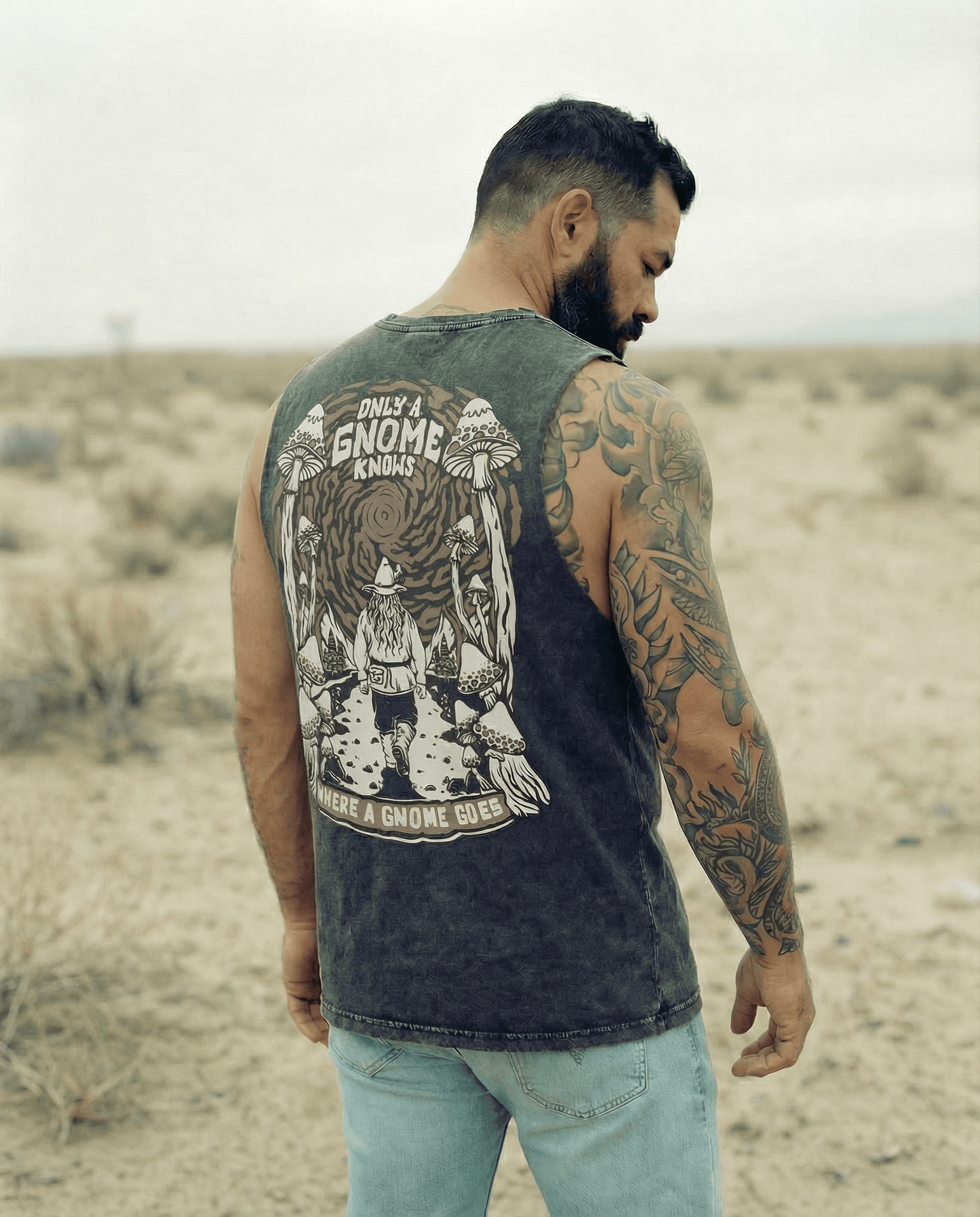 Gnome Knows Black Stone Wash Tank (Red Ink)