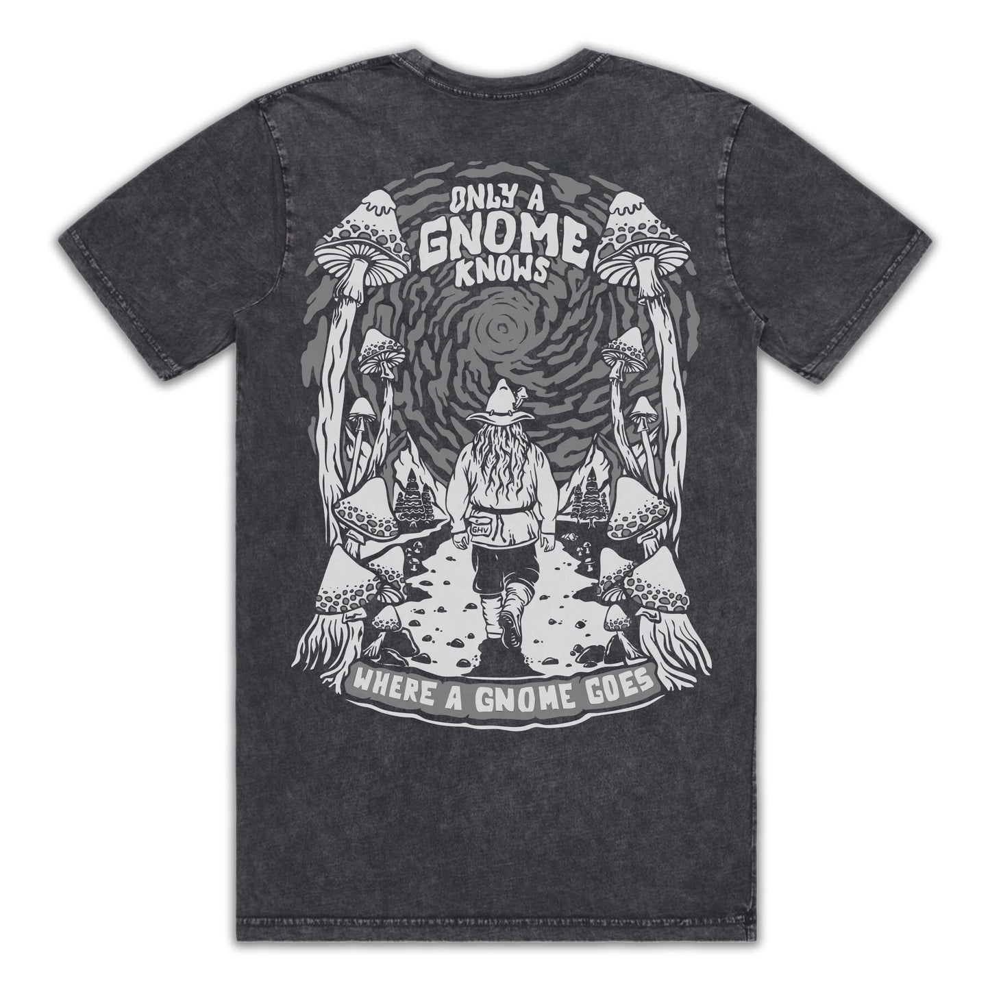 Gnome Knows Black Stone Wash T-Shirt (Grey Ink)