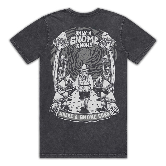 Gnome Knows Black Stone Wash T-Shirt (Grey Ink)
