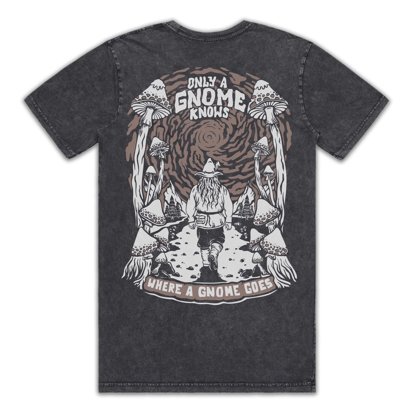 Gnome Knows Black Stone Wash T-Shirt (Red Ink)
