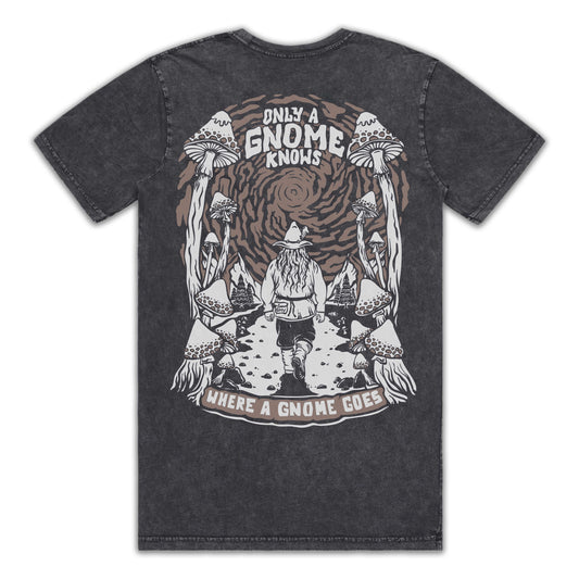 Gnome Knows Black Stone Wash T-Shirt (Red Ink)